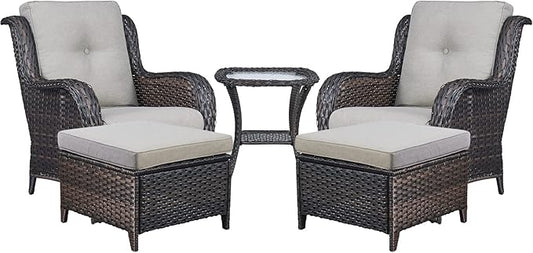 Rilyson Wicker Patio Furniture Set - 5 Piece Rattan Outdoor Sectional Conversation Sets with 2 Chairs,2 Ottomans and 1 Side Table for Porch Deck Garden(Brown/Grey)