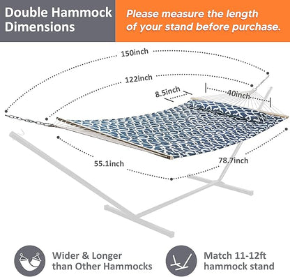 SUNCREAT Double Tree Hammock with Hardwood Spreader Bar, Extra Large Soft Pillow, Heavy Duty Hanging Hammock for Indoor, Outdoor, Blue Pattern