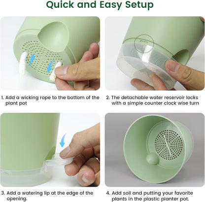4 inch Self Watering Pots for Indoor Plants, 5 Pack Small Flower Plant Pots with Drainage Holes and Clear Reservoirs, Visible Water Level, Plastic Planters with Wicking Rope, Green