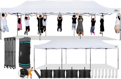 COBIZI 10x30 Pop Up Canopy Without Sidewall,Heavy Duty Canopy UPF 50+ All Season Wind Waterproof Commercial Outdoor Wedding Party Tents for Parties Gazebo with Roller Bag(10 x 30 ft White)