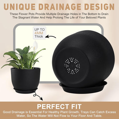 Plant Pots 10/9/8/7.5/7 inch Set of 5,Flower Pots with Multi Mesh Drainage Holes, Large Planters for Indoor Outdoor Garden Plants and Flowers. (Black)