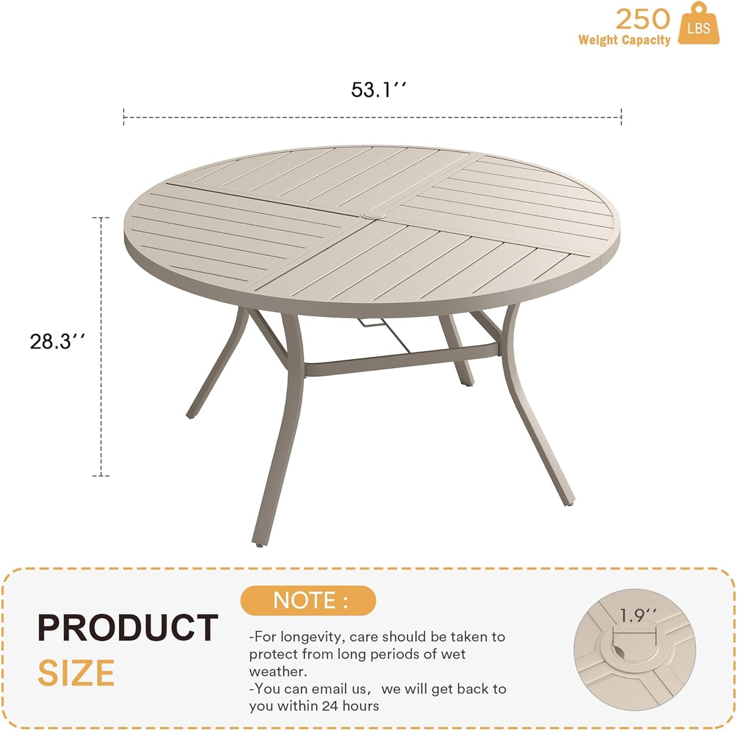 VICLLAX Round Patio Table with Adjustable Umbrella Hole for 8, All Weather Metal Outdoor Dining Table for Lawn Garden, 53.1" Outdoor Coffee Table, Cream Color Frame