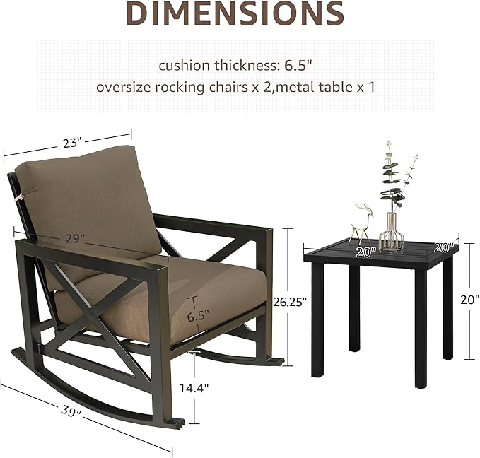 NATURAL EXPRESSIONS Rocking Chair Patio Set, 3 Piece Bistro Furniture Set with 2 Rockers, 1 Metal Coffee Table with Thick Cushions, 2 Pack Waterproof Patio Chair Covers