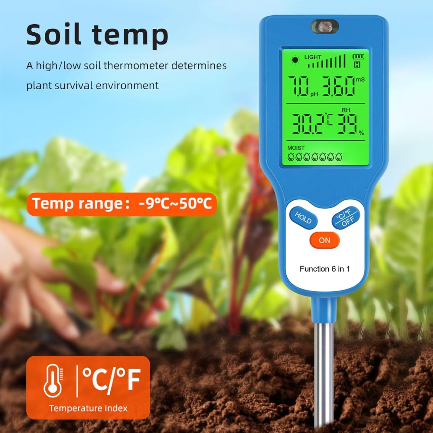 6-in-1 Soil Moisture Meter Digital PH Meter/Soil Moisture/Plant Temperature/Sunlight Intensity, Backlight LCD Display, Soil Test Meter for Garden, Lawn, Plant Care (Blue)