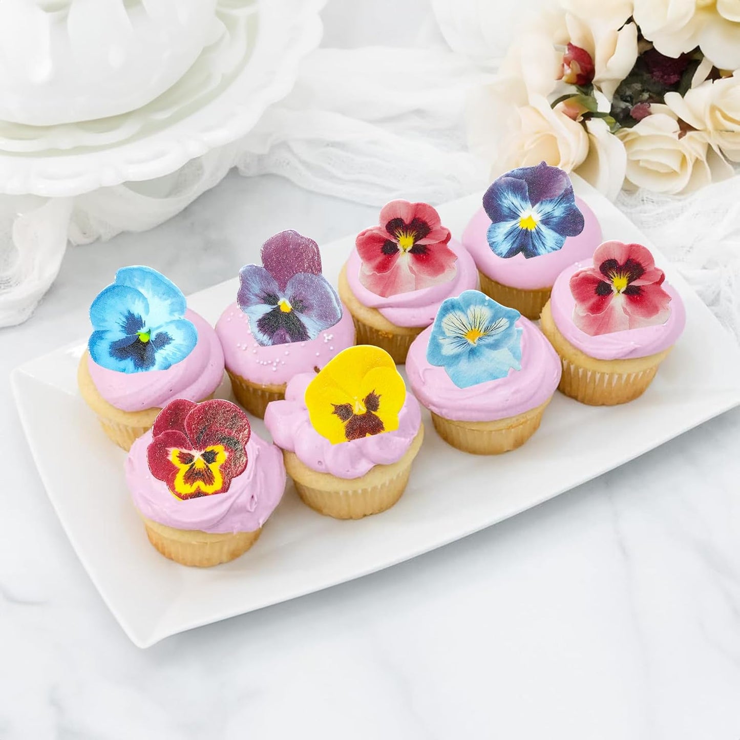 Ephlyn 60Pcs Wafer Paper Flower Cupcake Toppers Spring Bridal Engagement Baby Shower Birthday Party Cupcake Picks Anniversary Party Decorations Supplies