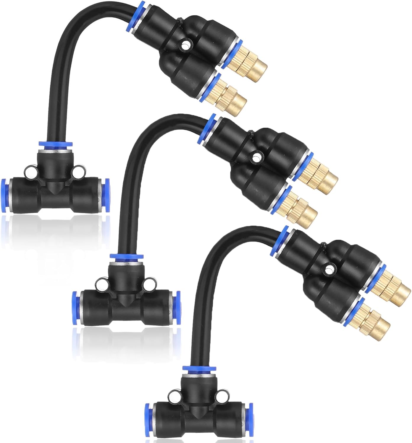 Mornajina 3Packs 2 Way Brass Misting Nozzles Tee with 5inch Built in Hose for Outdoor Cooling System, Adjustable 360° Rotation, Water Mister Nozzles Thread Sprayer 0.043" (1.1 mm)