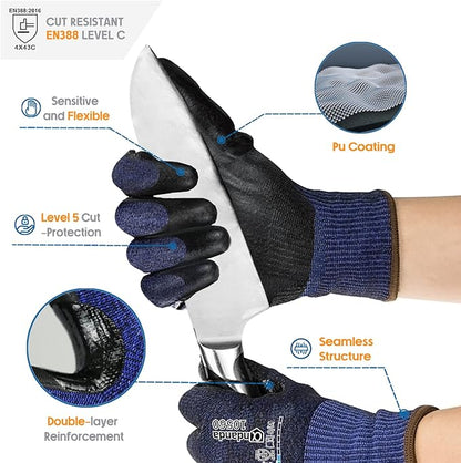 ANDANDA Cut Resistant Gloves Level C, 3D Comfort Stretch Fit, PU Coated Work Gloves with Power Grip, Ideal Work Gloves for Men/Women Handle Glass, Sharp Metal, Blue(XL),1Pair