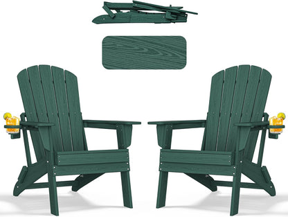 Folding Adirondack Chair - Extended Ergonomic Backrest, Cup Holder - Easy Assembly - Durable HDPE Plastic, Weather Resistant & Maintenance-Free - Lawn, Patio, Deck Supports 380lbs Green