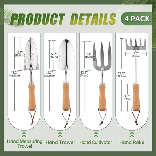 Heavy Duty Garden Tool Set, Stainless Steel Graduated Shovel, Hand Fork, Hand Rake, Transplant Shovel with Scale, 4Pcs Heavy Duty Hand Tools Set for Garden Planting (Garden Hand Tool Set)