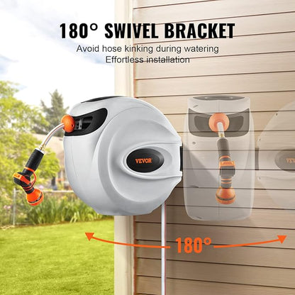 VEVOR Retractable Hose Reel, 65 ft x 5/8 inch, 180° Swivel Bracket Wall-Mounted, Garden Water Hose Reel with 9-Pattern Nozzle, Automatic Rewind, Lock at Any Length, and Slow Return System