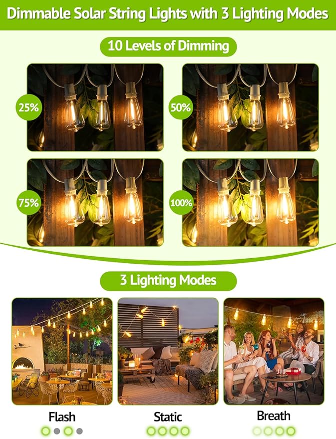 96FT(2x48FT) Solar Outdoor String Lights with Remote & Timer, Waterproof Dimmable Patio Lights with 30+2 ST38 LED Bulbs for Garden Deck-White