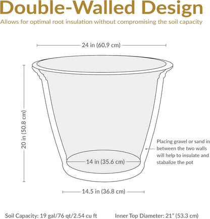 Sunnydaze 24-Inch Anjelica Large Plastic Pot for Plants - Outdoor Polyresin Round Planter with Drillable Drainage Holes - Sable - 4pk