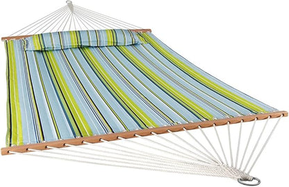 Sunnydaze Quilted Outdoor Hammock with Spreader Bars - Heavy-Duty 450-Pound Capacity Double Hammock for Outside - Blue and Green