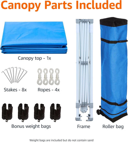 Amazon Basics Outdoor Pop Up 10 x 10 Canopy Tent for Events, Portable with Easy Setup, Includes Wheeled Carry Bag, 8 Pegs, 4 Ropes, 4 Weighted Bags, Blue