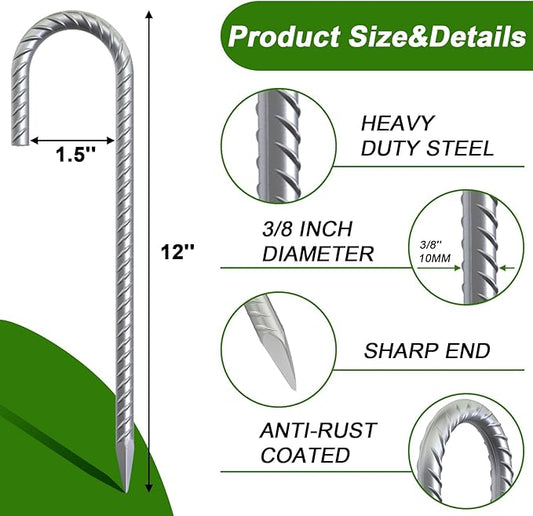 AAGUT Rebar Stakes 12 Inch J Hook Heavy Duty 16 Pack, 3/8 Inch Galvanized Metal Steel Ground Anchors Chain Link Fence Stakes for Camping Tent, Inflatables, Yard Decorations, Canopies & Swing Sets
