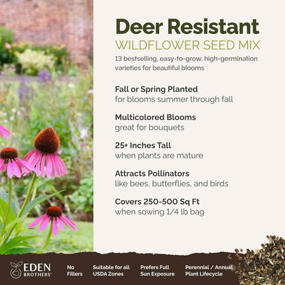 Eden Brothers Deer Resistant Wildflower Mixed Seeds for Planting, 1/4 lb, 120,000+ Seeds with Foxglove, Forget Me Not | Attracts Pollinators, Plant in Spring or Fall, Zones 3, 4, 5, 6, 7, 8, 9, 10