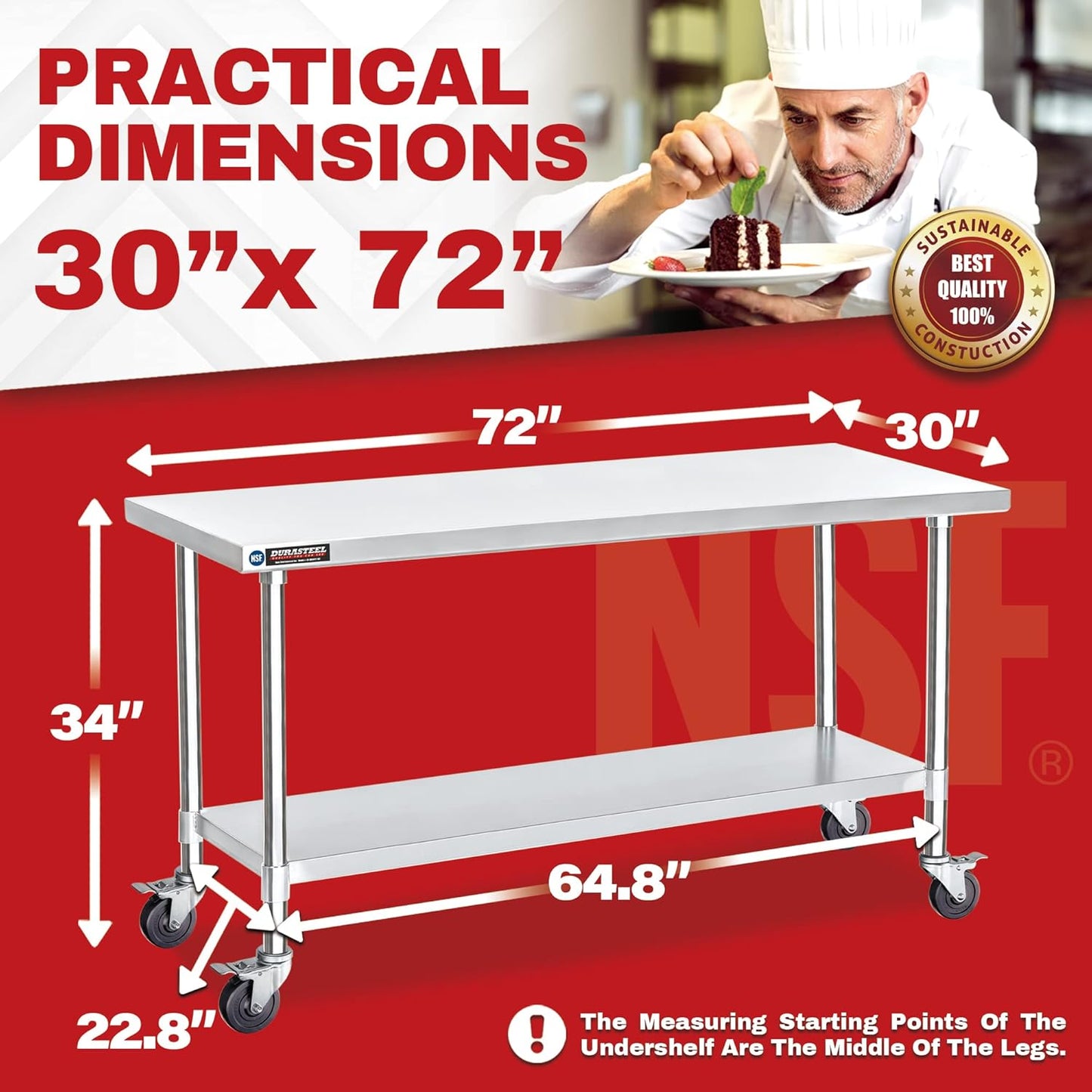 DuraSteel 30x72 NSF Stainless Steel Cart - Heavy Duty Food Prep Table with Undershelf - Rolling Kitchen Island on Wheels for Commercial Restaurant Kitchen, Garage, Outdoor Cooking, BBQ Grill, Counter