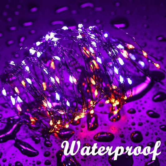 Lomotech 2 Pack Solar Lights, 33ft 100LED Orange Purple Twinkle Fairy Lights Waterproof 8 Modes Outdoor for Halloween Party DIY Decoration Black Wire