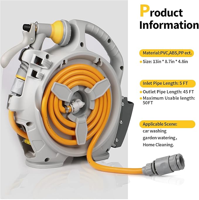 Garden Retractable Hose Reel, Portable Simple Home Hose Reel 45+5 FT with 7 Patterns Spray Nozzle, Wall Mounted and Any Length Lock for Garden Watering, Car Washing, Pet (Orange)