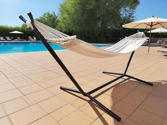 Double Hammock 2 Person Large 220x150cm with Steel Stand and Removable Spreader bar Load 500lb, Canvas Cotton Hammocks for Patio Porch Garden Backyard Outdoor and Indoor