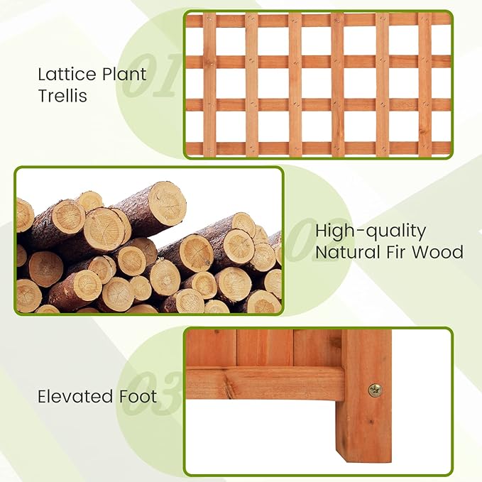 HAPPYGRILL Raised Garden Bed with Trellis, 72.5" Planter Raised Bed with Drainage Holes, Freestanding Garden Box for Vine Climbing Plants, Wooden Planter Box for Yard Balcony (1, Orange)