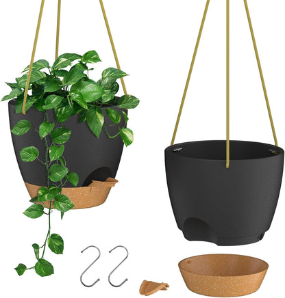 ZMTECH 8 Inch Hanging Planters for Indoor Outdoor Plants, 2 Pack Self Watering Hanging Plant Pots with Drainage Holes and Removable Saucer, Plastic Flower Hanging Pots with Watering Lip (Black)