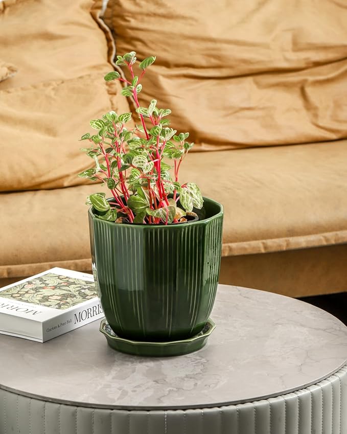 ADN Ceramic Planter - Large Plant Pot Geometric Design Flower Pot with Drainage Hole and Saucer for Outdoor Indoor Plants (Green, 8 in)