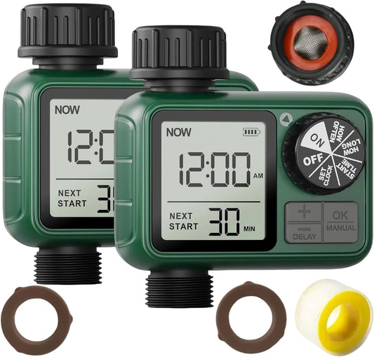 2 Pcs Sprinkler Timers, XinFuturse Water Timer, Programmable Garden Hose Timer with Rain Delay, Manual& Automatic Watering System, Waterproof Irrigation Controller Watering Lawn Evenly& Efficiently
