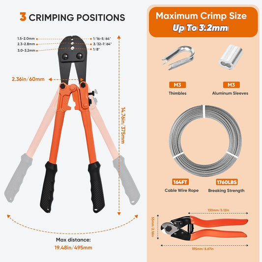 164FT 1/8" Stainless Steel Cable with Wire Rope Crimping Tool and Cable Cutter, 1760 lbs Breaking Strength, 7x7 Strands Aircraft Cable for Deck Railing, Porch Fence, String Light