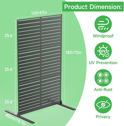 Metal Privacy Screen 72" H x 47.2" Decorative Outdoor Privacy Screen Privacy Panel with Stand for Balcony Deck Patio Lawn Garden, Privacy Fence (Black-Louvered)