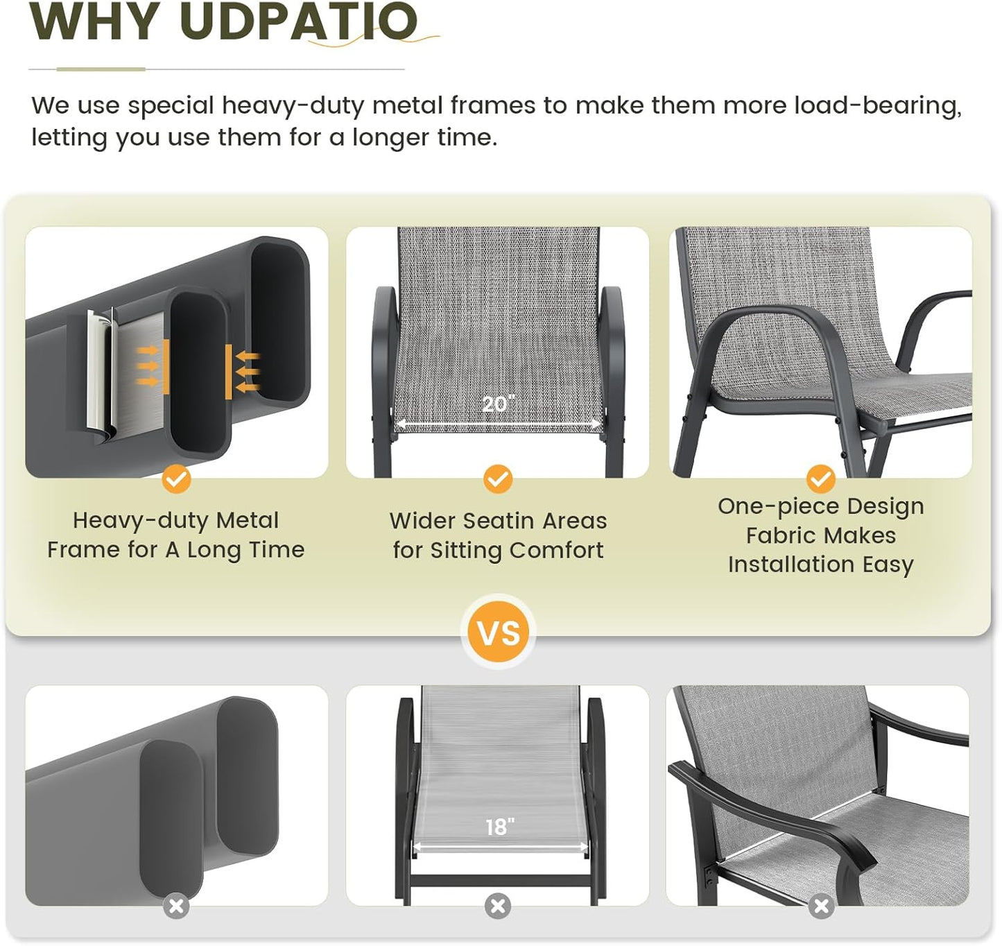 UDPATIO Patio Chairs Set of 4, Stackable Outdoor Dining Chairs with High Back, Breathable Textilene Fabric Outdoor Chair All Weather, 350LBS Capacity for Garden, Backyard (Light Grey)