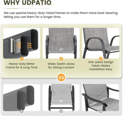 UDPATIO Patio Dining Set of 3, Outdoor Table and Chairs Set with Glass Table, 2 Stackable Patio Chairs with High Back, Outdoor Furniture Sets for Deck Garden Backyard Lawn Poolside (Light Grey)