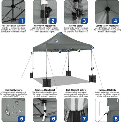 COBIZI 10x10 Pop up Canopy Tent Heavy Duty with 4 Sidewalls, Easy Set-up Commercial Outdoor Party Tent, 100% Waterproof Wedding Canopy Gazebo, 3 Height Adjustable with Wheeled Bag,Dark Gray
