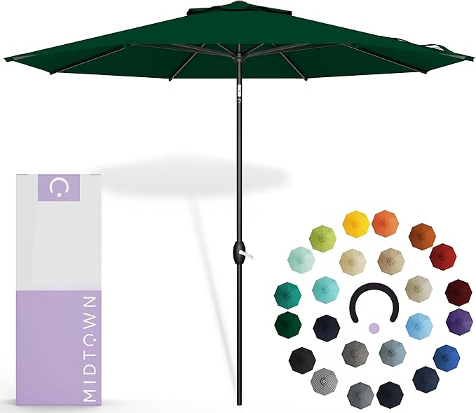 Midtown Umbrellas Sunbrella Umbrella 9 Feet Outdoor Umbrella With Forest Green Acrylic Fabric - Auto-Tilt Aluminum Frame Patio Umbrella For Backyard, Deck, Garden, Pool - Black Pole
