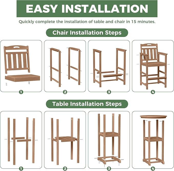 HDPE Outdoor Patio Bar Set with Bar Height Table and 2 Adirondack Chairs, All-Weather High Top Outside Round Pub Furniture for Bistro, Garden, Backyard, Deck | 3-Pieces, Teak