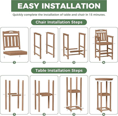 HDPE Outdoor Patio Bar Set with Bar Height Table and 2 Adirondack Chairs, All-Weather High Top Outside Round Pub Furniture for Bistro, Garden, Backyard, Deck | 3-Pieces, Teak