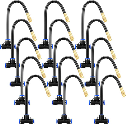 Zonon Brass Misting Nozzles Tee with Built in Hose 360 Degree Rotation Adjustable Water Mister Nozzles Thread Sprayer 0.043" Misting Parts and Accessories for Patio Outdoor Cooling(15 Pcs,8 Inch)