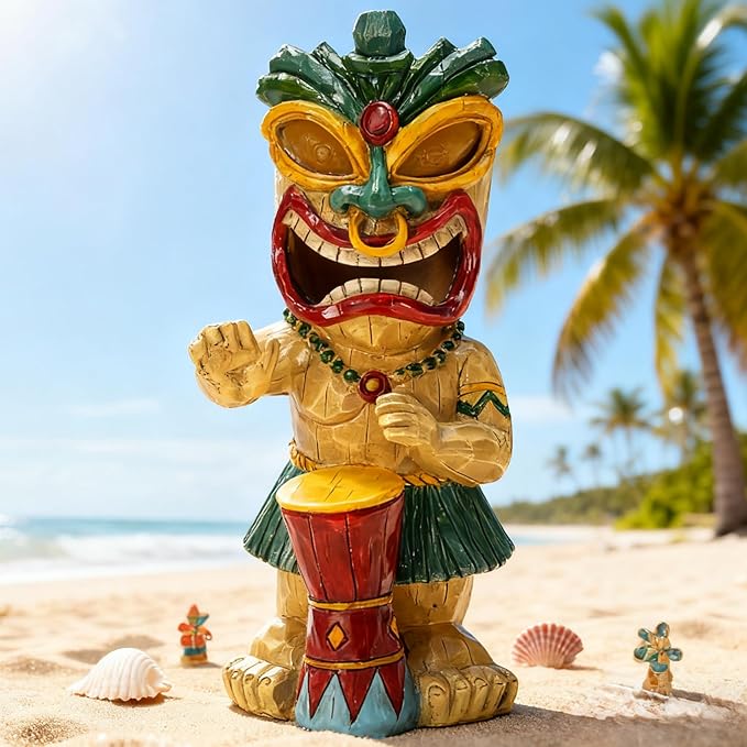 Solar Tiki Garden Statue with LED Eyes Outdoor Polynesian Drummer Hawaiian Party Decor Solar Light Ornament for Patio Porch Lawn Tiki Bar or Tiki Lover Funny Stocking Stuffers Gifts
