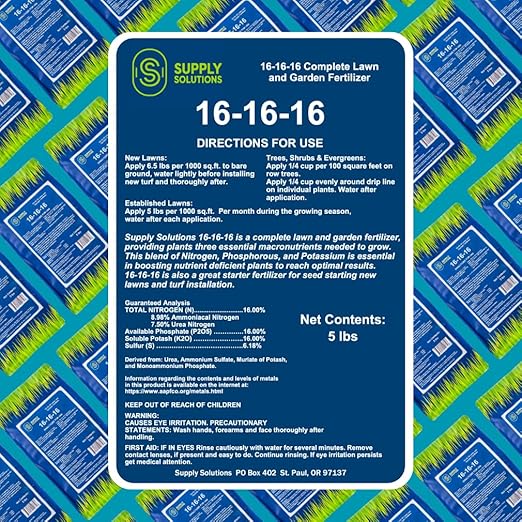 Supply Solutions 16-16-16 Complete Lawn & Garden All Purpose Granular Fertilizer - The Ultimate Plant Food for Lush Greenery & Vibrant Blooms - for All Plants, Vegetables, Fruits, and Berries - 5lbs