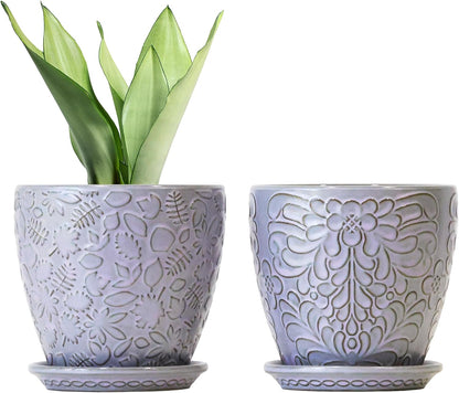 6 Inch Retro Ceramic Planter Set of 2 with Drainage Hole and Saucer for Plants, Indoor-Outdoor Garden Pots for Succulents, Orchids, and Flowers (Fits Inner Pots Up to 5 Inches, Light Blue)