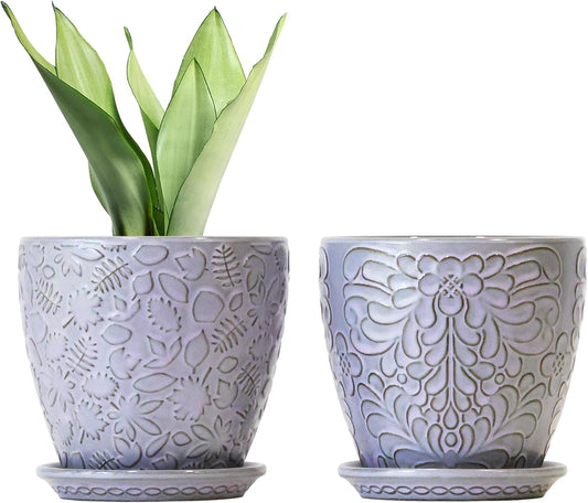 6 Inch Retro Ceramic Planter Set of 2 with Drainage Hole and Saucer for Plants, Indoor-Outdoor Garden Pots for Succulents, Orchids, and Flowers (Fits Inner Pots Up to 5 Inches, Light Blue)