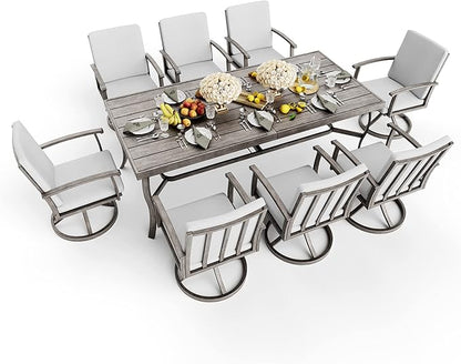 HAPPATIO Aluminum 9 Piece Patio Dining Set, Outdoor Swivel Dining Chairs and Dining Table, Aluminum Outdoor Dining Set for 8, Patio Dining Furniture with Washable Cushions (Gray)