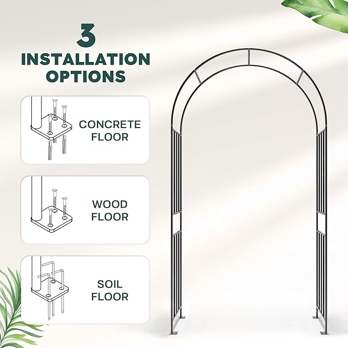 IDZO 86in Metal Garden Arbor Arch, Sturdy & Durable Trellis with Ground Stakes, 3 Installation Options, Ideal for Climbing Plants & Outdoor Decoration