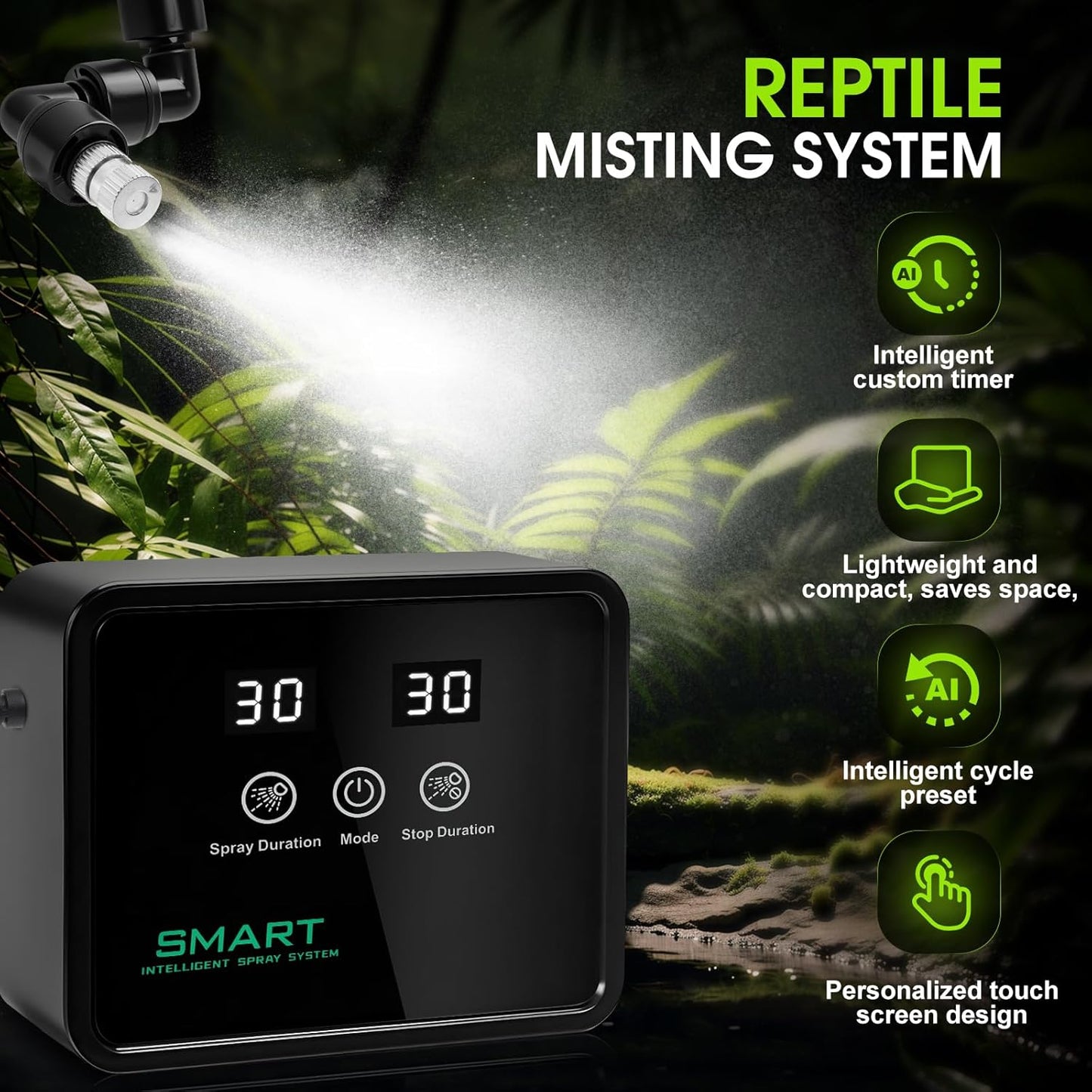 Reptile Humidifier Reptile Mister System with Timer & 360° Nozzles, Chameleons, Snakes, Frogs Misting for Terrarium, Auto Misting for Terrariums, Adjustable Nozzles & Quiet Operation