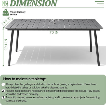 Aluminum 70 Inch Patio Outdoor Dining Table for 6, Umbrella Hole & Wood-Like Top, All-Weather Deck & Backyard Table