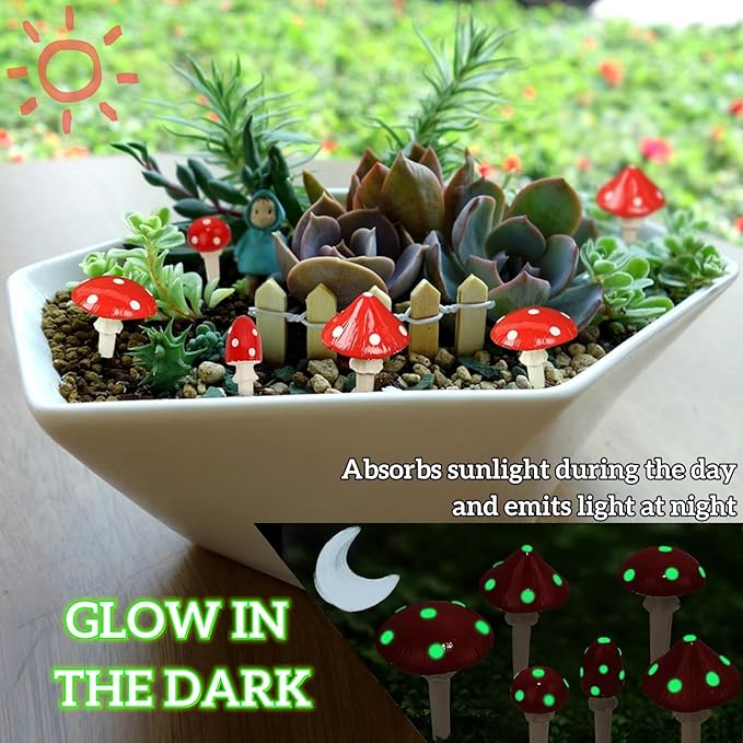 Juegoal Set of 6 Fairy Garden Miniature Mushrooms Statues, Glow in Dark Mini Red Mushroom Resin Figurines, Outdoor Garden Yard Art Accessories, Fly Agarics Sculpture Lawn Ornament Decorations