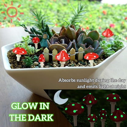 Juegoal Set of 6 Fairy Garden Miniature Mushrooms Statues, Glow in Dark Mini Red Mushroom Resin Figurines, Outdoor Garden Yard Art Accessories, Fly Agarics Sculpture Lawn Ornament Decorations