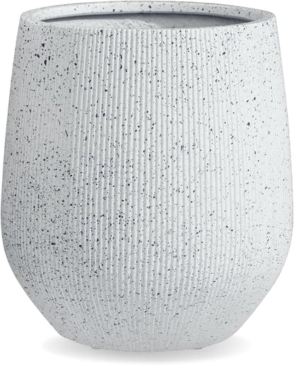 21" H x 19" D Ribbed Corso Fiberstone Round Planter with Drainage Hole, Weather Resistant for Indoor and Outdoor Use, Included 2 Extra Coco Mats (Ribbed Speckled White, 15" Pot Opening)