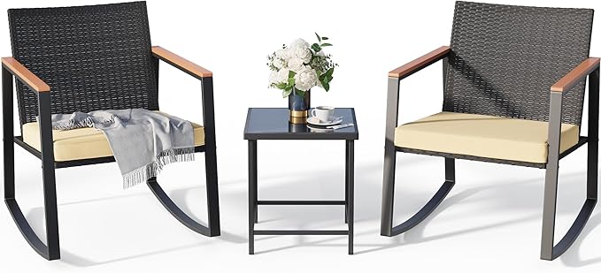 Gizoon 3 Pieces Rocking Patio Bistro Set with Anti-Scald Armrest, Outdoor Patio Wicker Furniture Set with Glass Table and Cushion for Garden, Yard, Porch