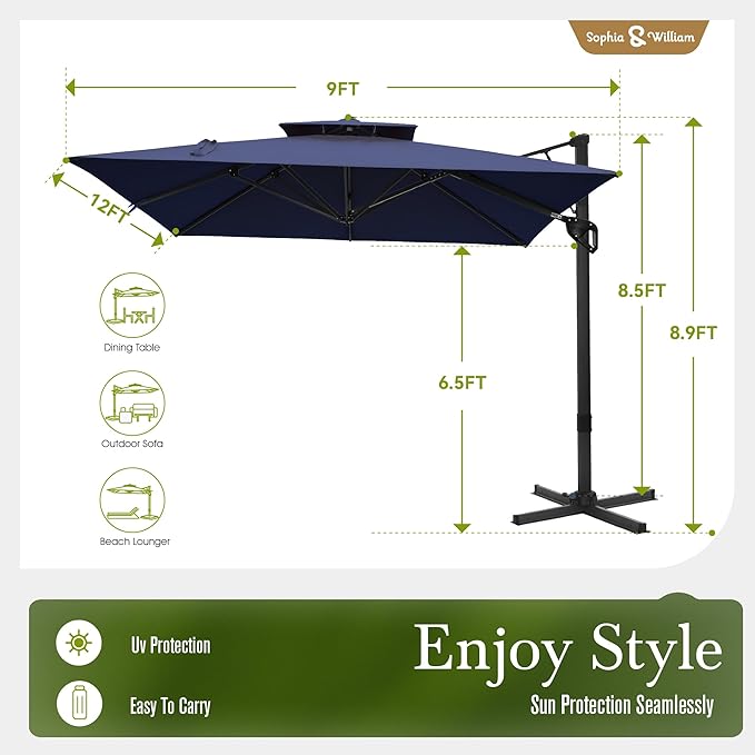 Sophia & William Cantilever Patio Umbrella 12ft, Offset Large Outdoor Umbrellas with 360°Rotation, Heavy Duty Hydraulic Double Umbrella for Garden Pool Backyard, Navy Blue(no base)